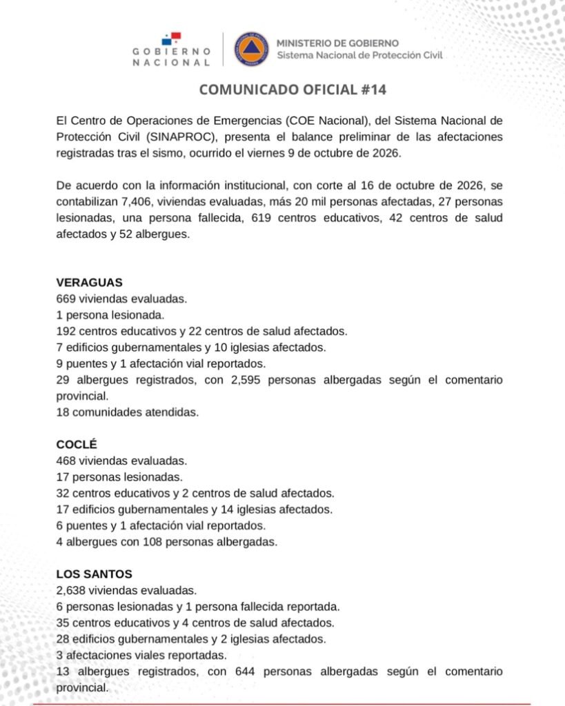 Terremoto en Panamá 2026: comunicado oficial n.º 14 de Sinaproc con el balance nacional y de Veraguas, Coclé y Los Santos