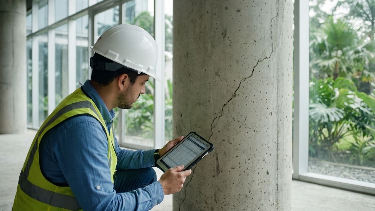 Ingeniero inspecciona una columna tras los terremotos en Panamá