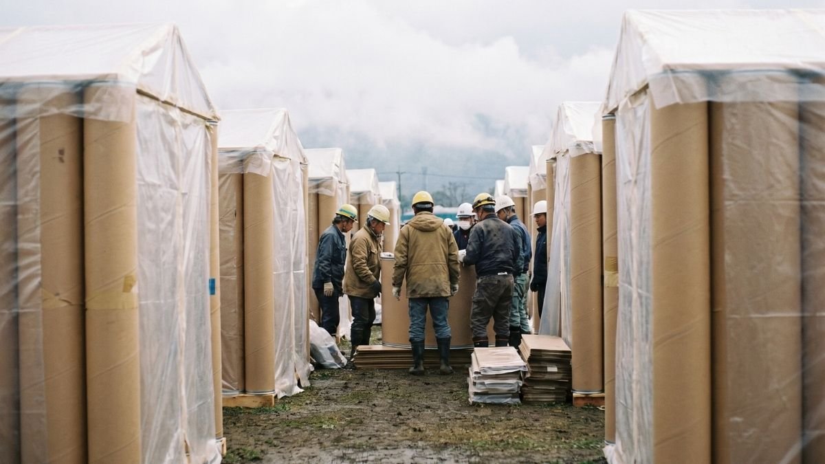 Refugios temporales de ayuda en caso de desastre hechos de tubos de cartón reciclado y materiales ligeros, organizados en una cuadrícula ordenada
