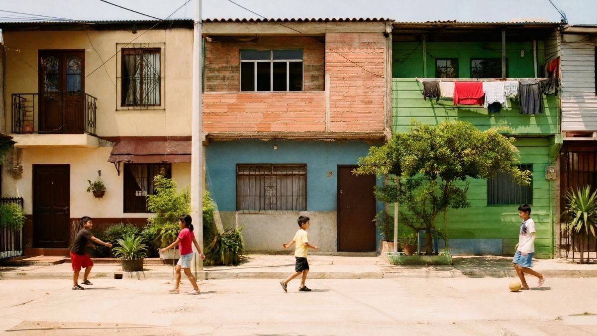 Viviendas sociales de dos pisos ampliadas por sus propias familias en un barrio latinoamericano